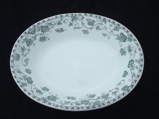 photo of antique white ironstone china oval bowl, Victorian transferware green ivy #1