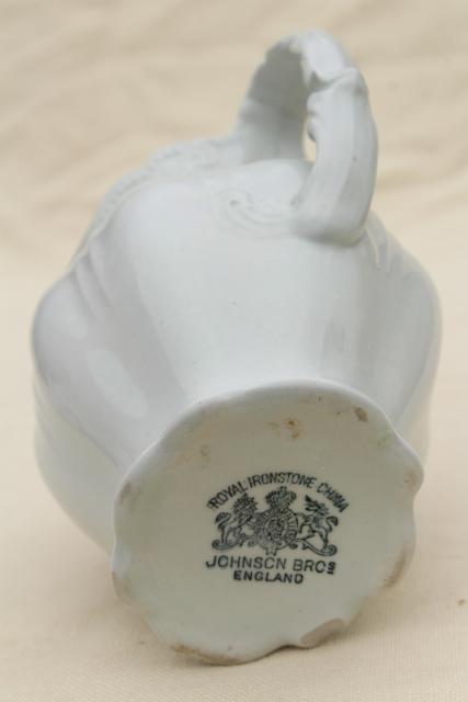 photo of antique white ironstone china pitcher, Johnson Bros England milk jug Royal Arms mark #10