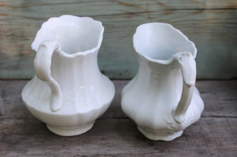 photo of antique white ironstone china pitchers large creamers shabby vintage farmhouse decor #4