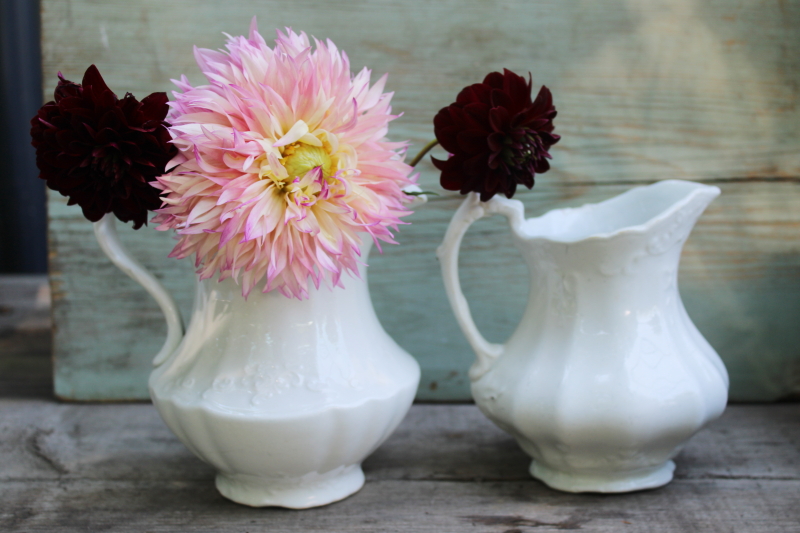 photo of antique white ironstone china pitchers large creamers shabby vintage farmhouse decor #5