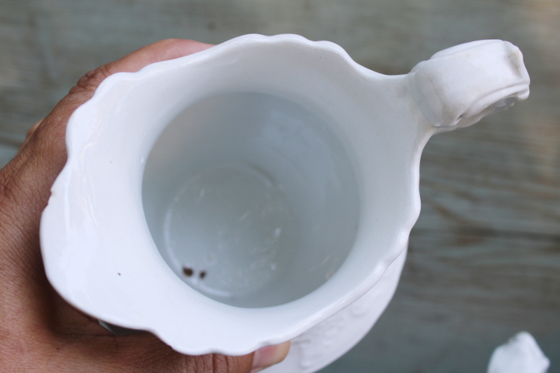 photo of antique white ironstone china pitchers large creamers shabby vintage farmhouse decor #10