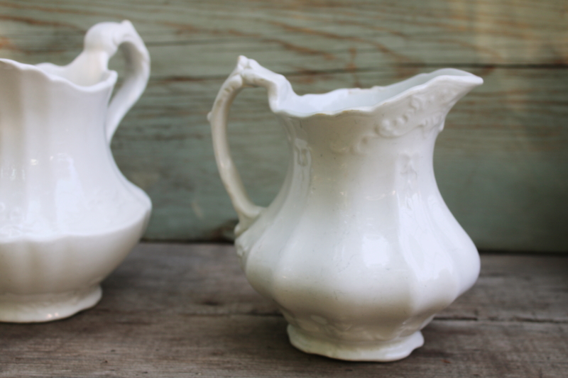 photo of antique white ironstone china pitchers large creamers shabby vintage farmhouse decor #11