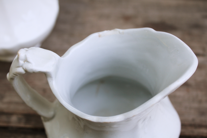 photo of antique white ironstone china pitchers large creamers shabby vintage farmhouse decor #12
