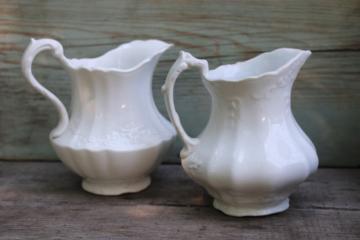 catalog photo of antique white ironstone china pitchers large creamers shabby vintage farmhouse decor 
