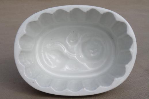 photo of antique white ironstone china pudding mold, rose leaf pattern oval mold #1