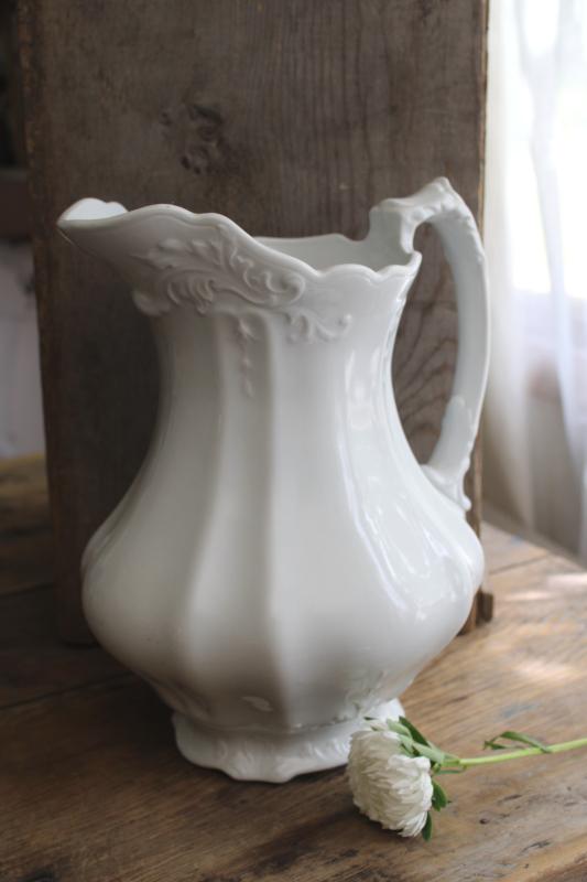 photo of antique white ironstone china wash pitcher, acanthus leaf pattern Johnson Bros England #1