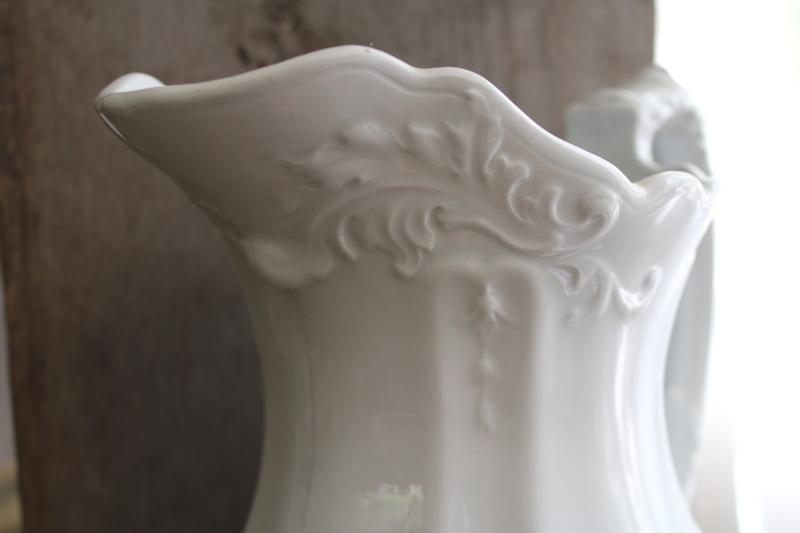 photo of antique white ironstone china wash pitcher, acanthus leaf pattern Johnson Bros England #3