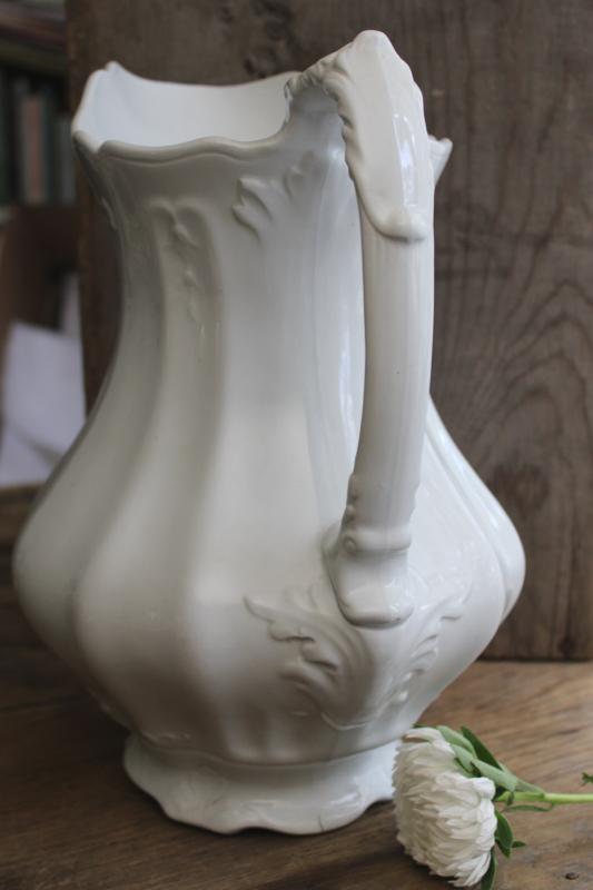 photo of antique white ironstone china wash pitcher, acanthus leaf pattern Johnson Bros England #4