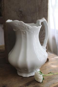 antique white ironstone china wash pitcher, acanthus leaf pattern Johnson Bros England