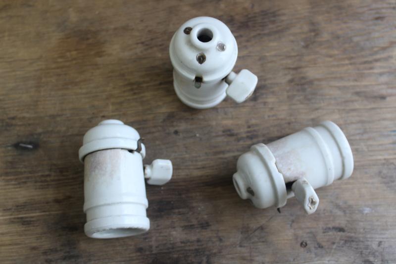 photo of antique white ironstone industrial electric light bulb sockets w/ turn key paddle switches #10