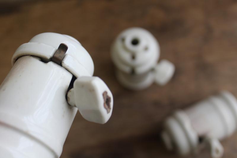 photo of antique white ironstone industrial electric light bulb sockets w/ turn key paddle switches #11