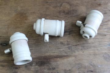 catalog photo of antique white ironstone industrial electric light bulb sockets w/ turn key paddle switches