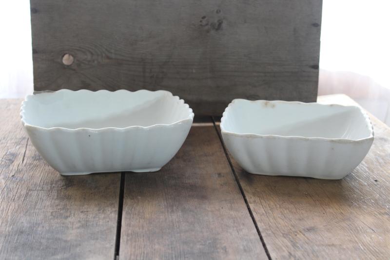 photo of antique white ironstone ladyfinger fluted square bowls, turn of the century vintage farmhouse #1