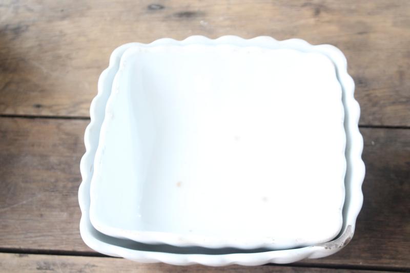 photo of antique white ironstone ladyfinger fluted square bowls, turn of the century vintage farmhouse #2