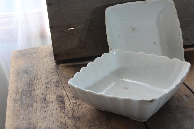 photo of antique white ironstone ladyfinger fluted square bowls, turn of the century vintage farmhouse #4