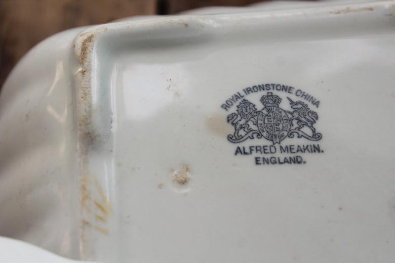 photo of antique white ironstone ladyfinger fluted square bowls, turn of the century vintage farmhouse #6