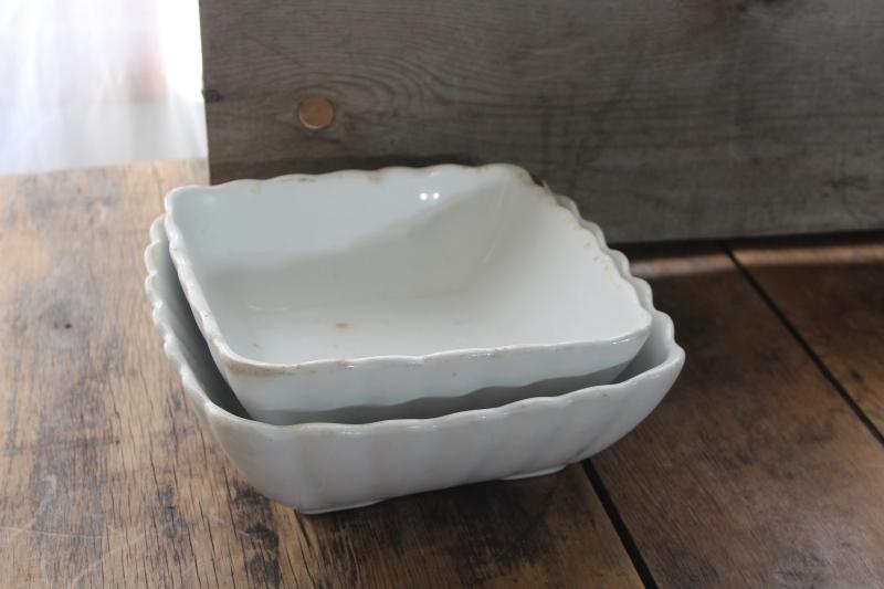 photo of antique white ironstone ladyfinger fluted square bowls, turn of the century vintage farmhouse #8