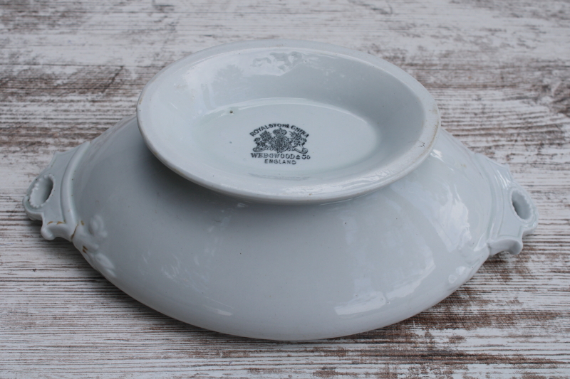 photo of antique white ironstone oval bowl w/ browned stained cover, 1800s vintage Wedgwood china  #2