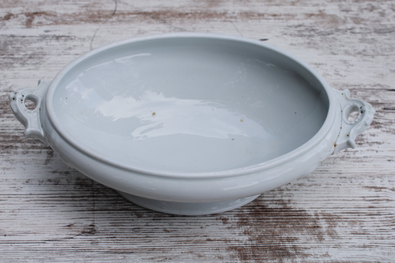 photo of antique white ironstone oval bowl w/ browned stained cover, 1800s vintage Wedgwood china  #8