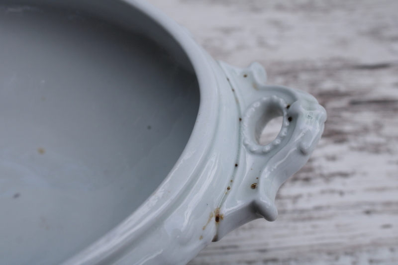 photo of antique white ironstone oval bowl w/ browned stained cover, 1800s vintage Wedgwood china  #9