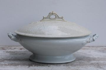 catalog photo of antique white ironstone oval bowl w/ browned stained cover, 1800s vintage Wedgwood china 