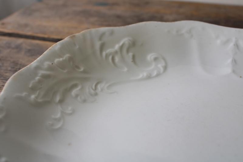 photo of antique white ironstone platter, embossed English oak or acanthus leaf Johnson Brothers #3