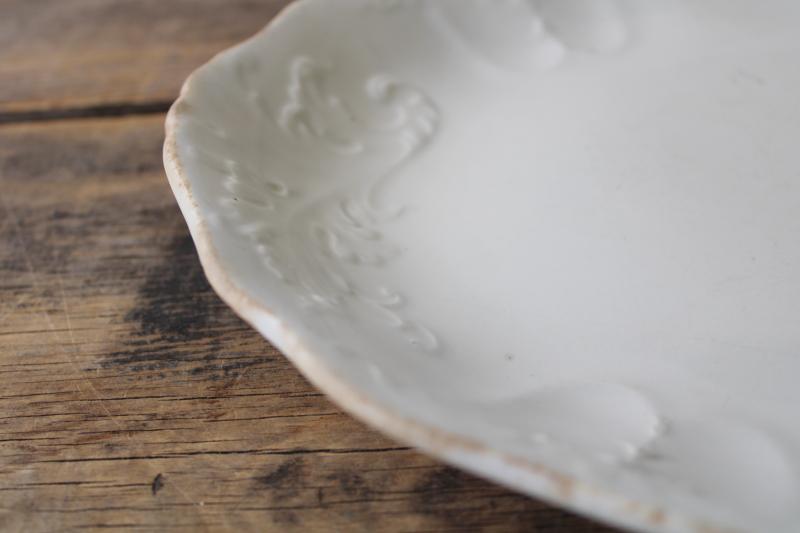 photo of antique white ironstone platter, embossed English oak or acanthus leaf Johnson Brothers #9