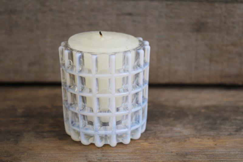 photo of antique white opalescent glass waffle block EAPG vintage, Beatty or Fenton? #2