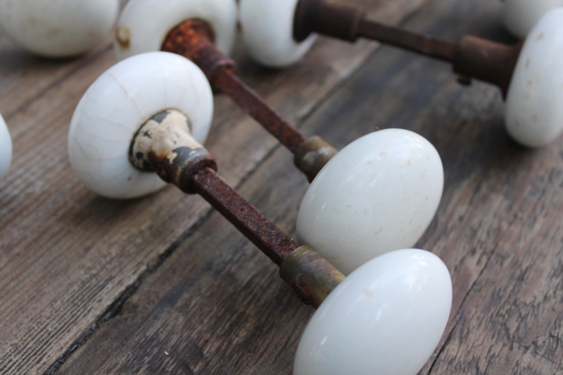 photo of antique white porcelain doorknobs lot, rusty hardware shabby worn vintage door knobs for upcycle or restoration  #3