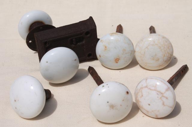 photo of antique white porcelain or milk glass doorknobs, vintage architectural hardware lot door knobs #1