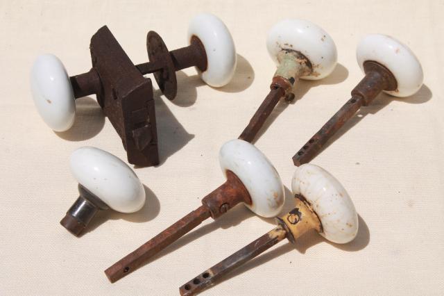 photo of antique white porcelain or milk glass doorknobs, vintage architectural hardware lot door knobs #2