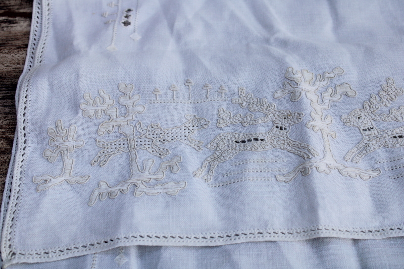 photo of antique white work embroidered linen table runner Stag and Hounds filled outline hand stitching drawn thread #1