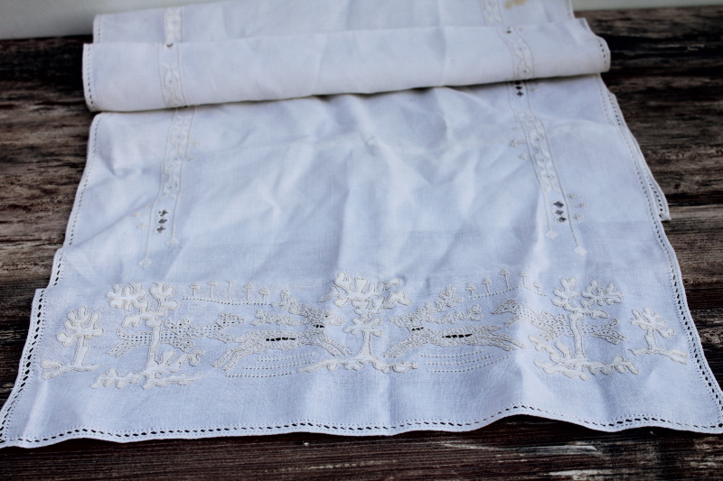 photo of antique white work embroidered linen table runner Stag and Hounds filled outline hand stitching drawn thread #2