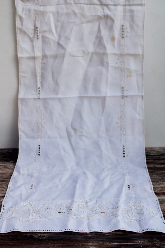 photo of antique white work embroidered linen table runner Stag and Hounds filled outline hand stitching drawn thread #5
