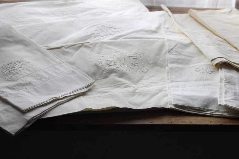 photo of antique whitework embroidery monogram hemstitched cotton sheets & pillowcases trousseau french country linens  #1