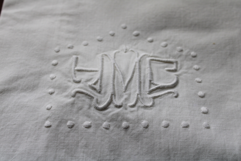 photo of antique whitework embroidery monogram hemstitched cotton sheets & pillowcases trousseau french country linens  #5