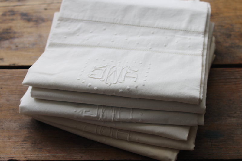 photo of antique whitework embroidery monogram hemstitched cotton sheets & pillowcases trousseau french country linens  #6