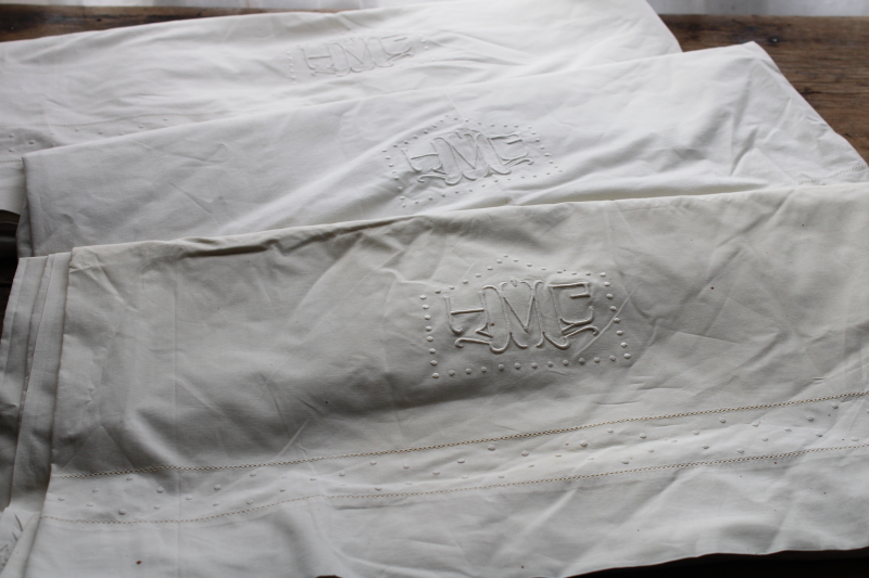 photo of antique whitework embroidery monogram hemstitched cotton sheets & pillowcases trousseau french country linens  #7