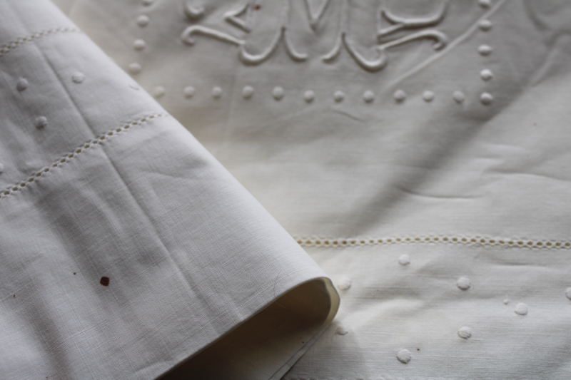 photo of antique whitework embroidery monogram hemstitched cotton sheets & pillowcases trousseau french country linens  #8