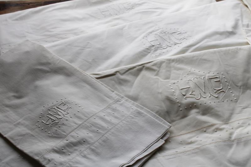 photo of antique whitework embroidery monogram hemstitched cotton sheets & pillowcases trousseau french country linens  #12