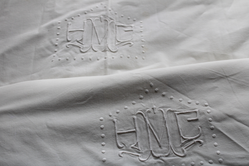 photo of antique whitework embroidery monogram hemstitched cotton sheets & pillowcases trousseau french country linens  #14