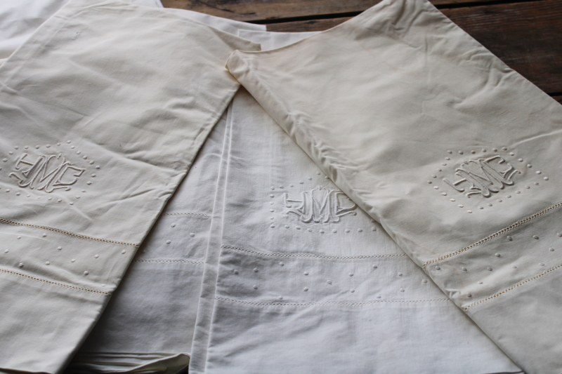 photo of antique whitework embroidery monogram hemstitched cotton sheets & pillowcases trousseau french country linens  #21