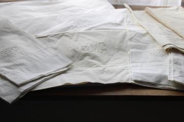 catalog photo of antique whitework embroidery monogram hemstitched cotton sheets & pillowcases trousseau french country linens 