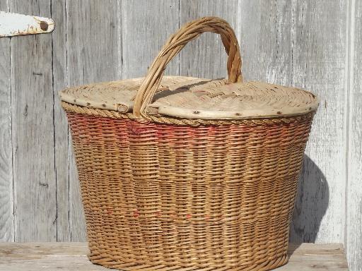 photo of antique wicker basket w/ lid, vintage picnic hamper or sewing  basket #1