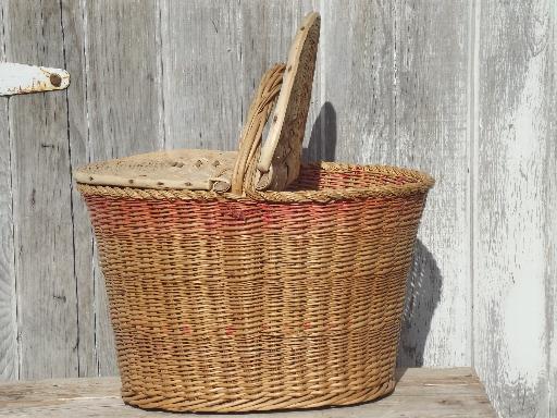 photo of antique wicker basket w/ lid, vintage picnic hamper or sewing  basket #4