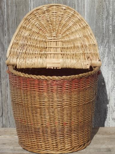 photo of antique wicker basket w/ lid, vintage picnic hamper or sewing  basket #6