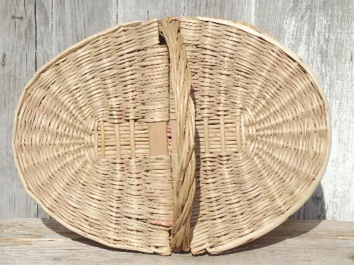 photo of antique wicker basket w/ lid, vintage picnic hamper or sewing  basket #7