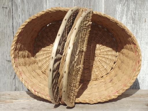 photo of antique wicker basket w/ lid, vintage picnic hamper or sewing  basket #9