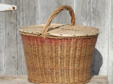 catalog photo of antique wicker basket w/ lid, vintage picnic hamper or sewing  basket