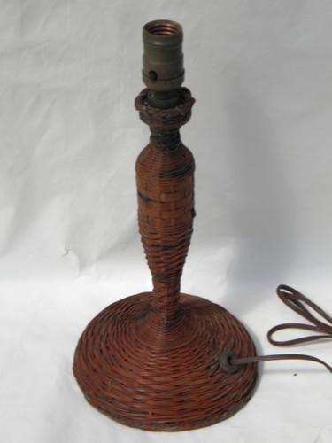 photo of antique wicker basket weave table lamp, early 1900s vintage electric light #1